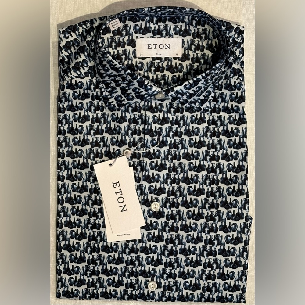 $395 NEW ETON MENS DRESS SHIRT 15 38 SLIM FIT ANTIQUE ART VASES VESSELS MOTIF
